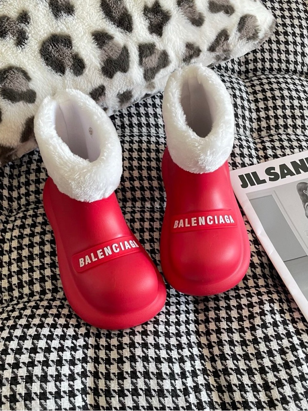 Balenciaga Red Kids Rain Clog Boots with White Faux-Fur Collar
